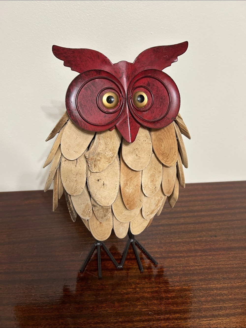 Decorative Owl Bird with Red / Burgundy Accents and Natural Wood Feathers